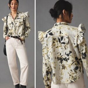 Anthropologie Ruffle-Shoulder Shirt Western Prairie Style Yellow Floral size S